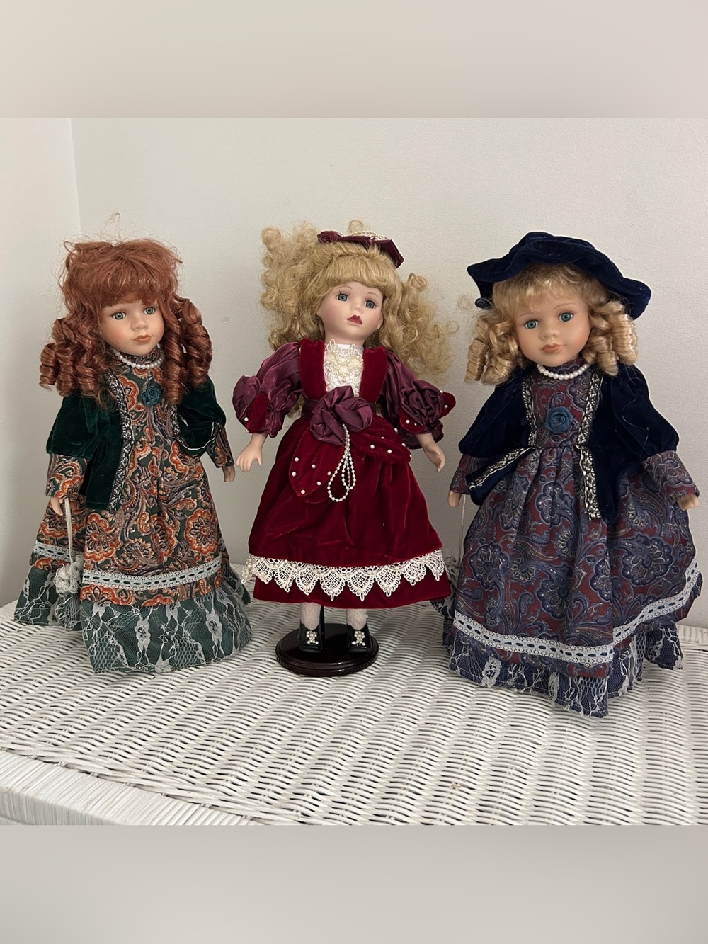 Vintage Albert F Prince Porcelain Fashion Dolls Red Green Blue Velvet Dress LOT